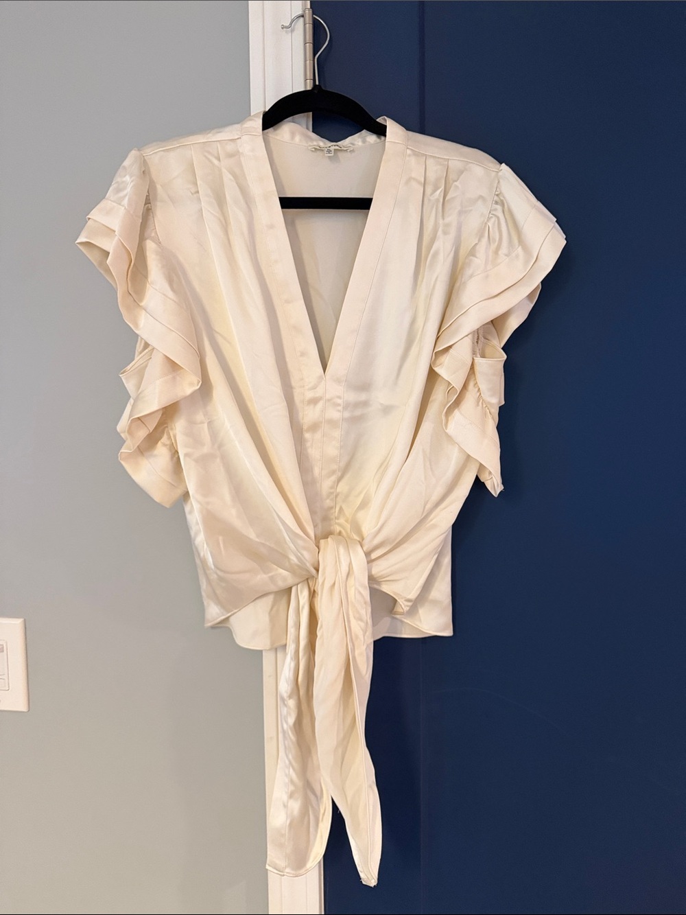 Max Studio Cream Satin Tie-Front Ruffle-Sleeve Blouse